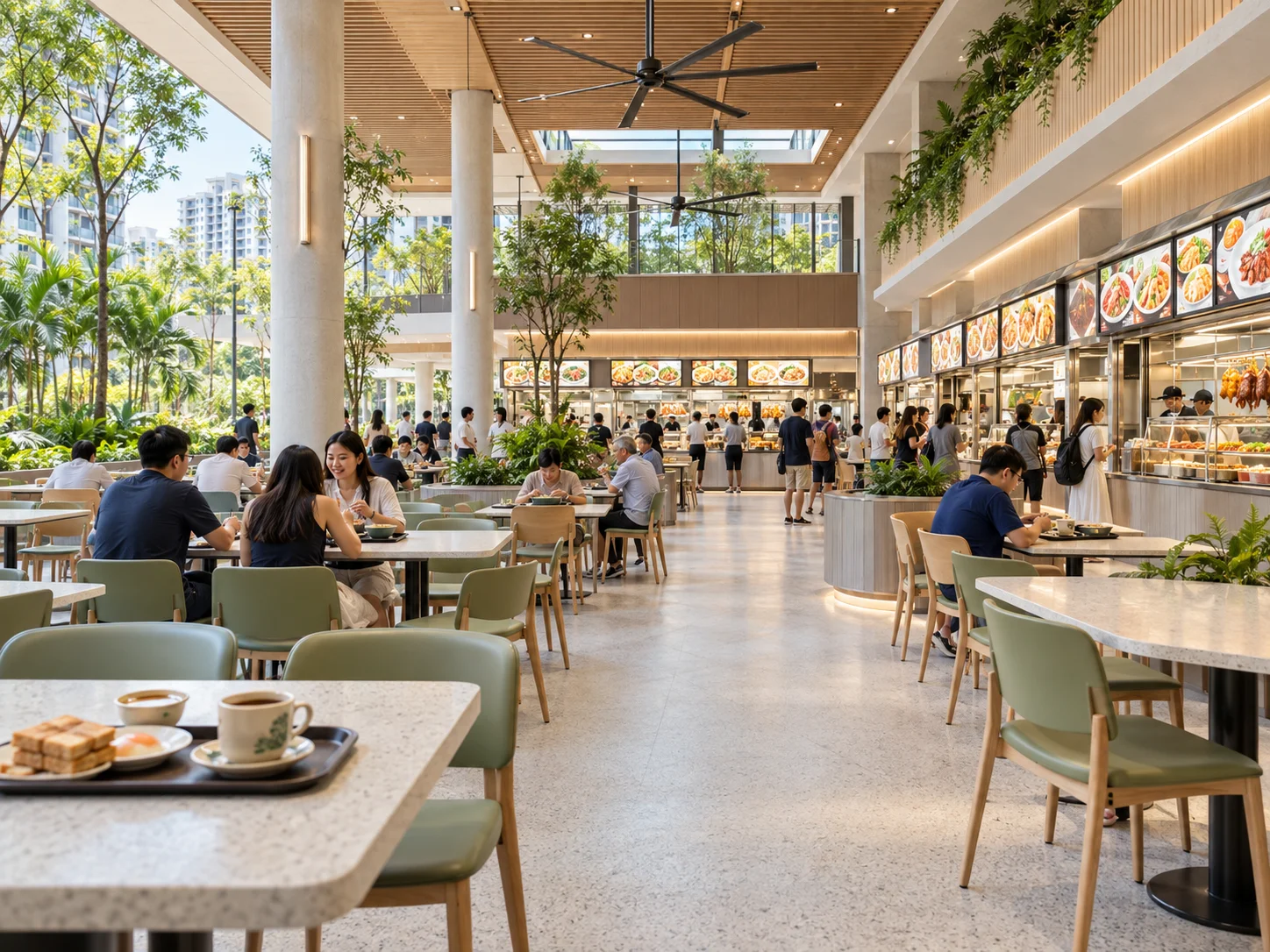 Concept of an airy hawker-centre interior with dining tables and greenery
